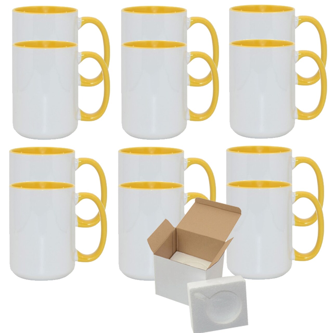 12 Pcs 15OZ El Grande Yellow Inside & Handle Sublimation Mugs With Foam Support Boxes